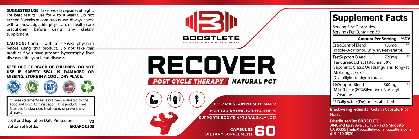 Boostlete RECOVER Natural Post Cycle Supplement - Supports Muscle Mass, Hormone Balance, and Liver Health - 60 Capsules, Made in USA