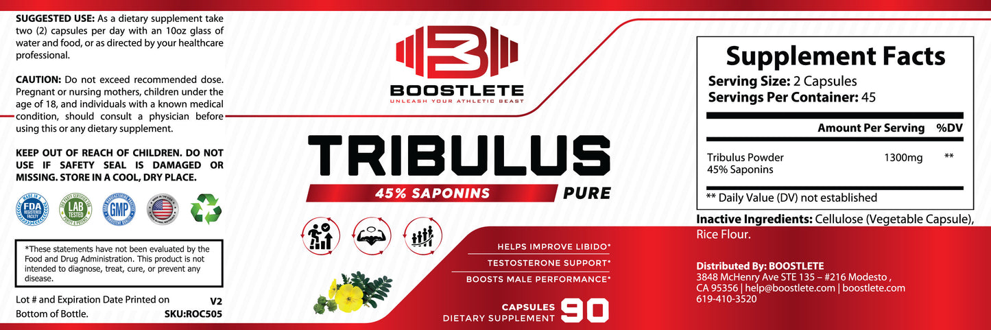 BOOSTLETE Tribulus Pure – 45% Saponins, Testosterone Support & Libido Supplement for Men – 1300mg Per Serving, 90 Capsules, Made in USA