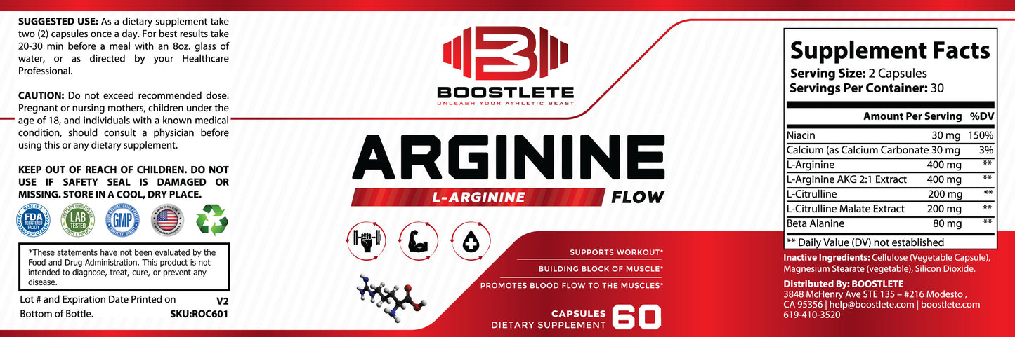 Boostlete Arginine Flow – L-Arginine with Citrulline, AKG & Beta Alanine – Nitric Oxide Support for Muscle Pump, Circulation, and Endurance – 60 Capsules
