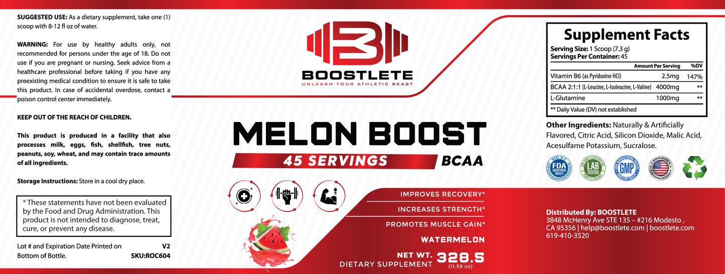 Boostlete Melon Boost BCAA – Watermelon Flavor – 45 Servings – Muscle Recovery & Strength Support – Glutamine & BCAA 2:1:1 Supplement – Dietary Powder for Fitness & Workout