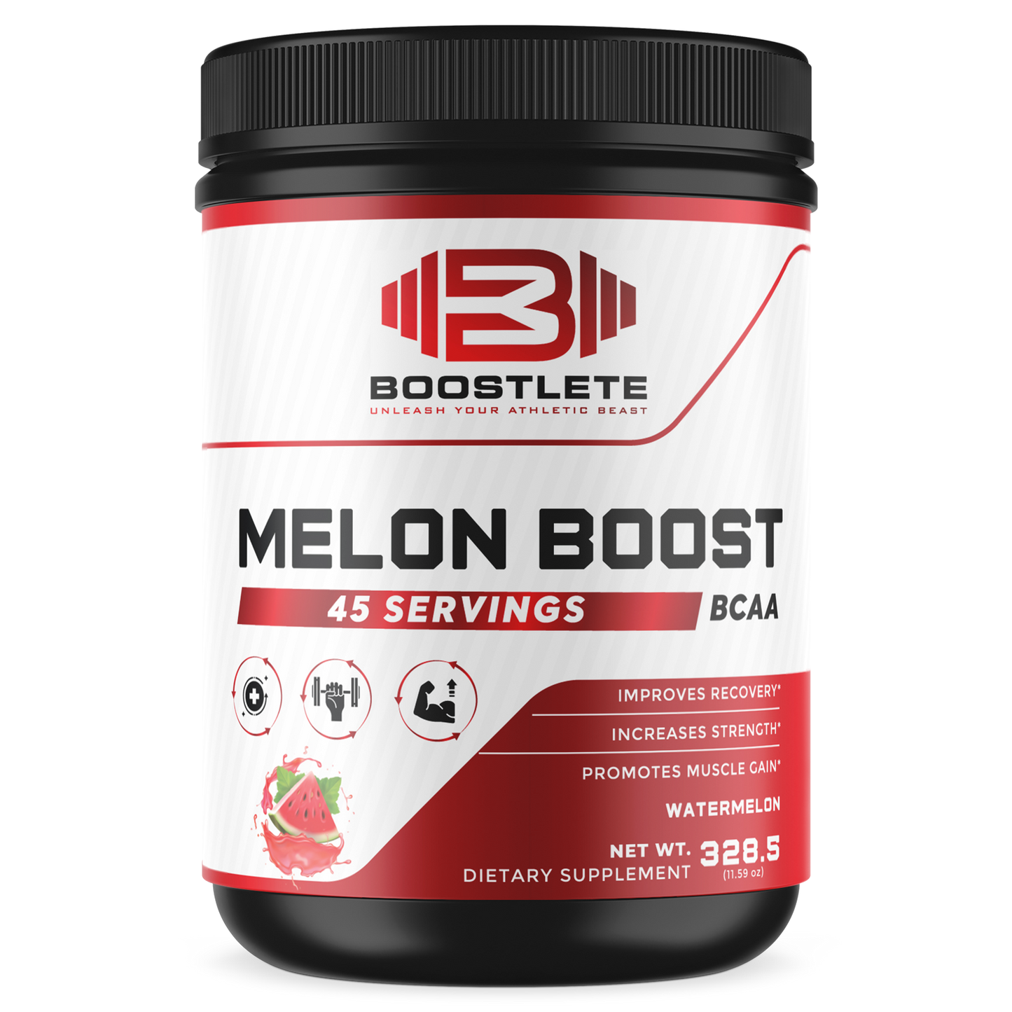 Boostlete Melon Boost BCAA – Watermelon Flavor – 45 Servings – Muscle Recovery & Strength Support – Glutamine & BCAA 2:1:1 Supplement – Dietary Powder for Fitness & Workout