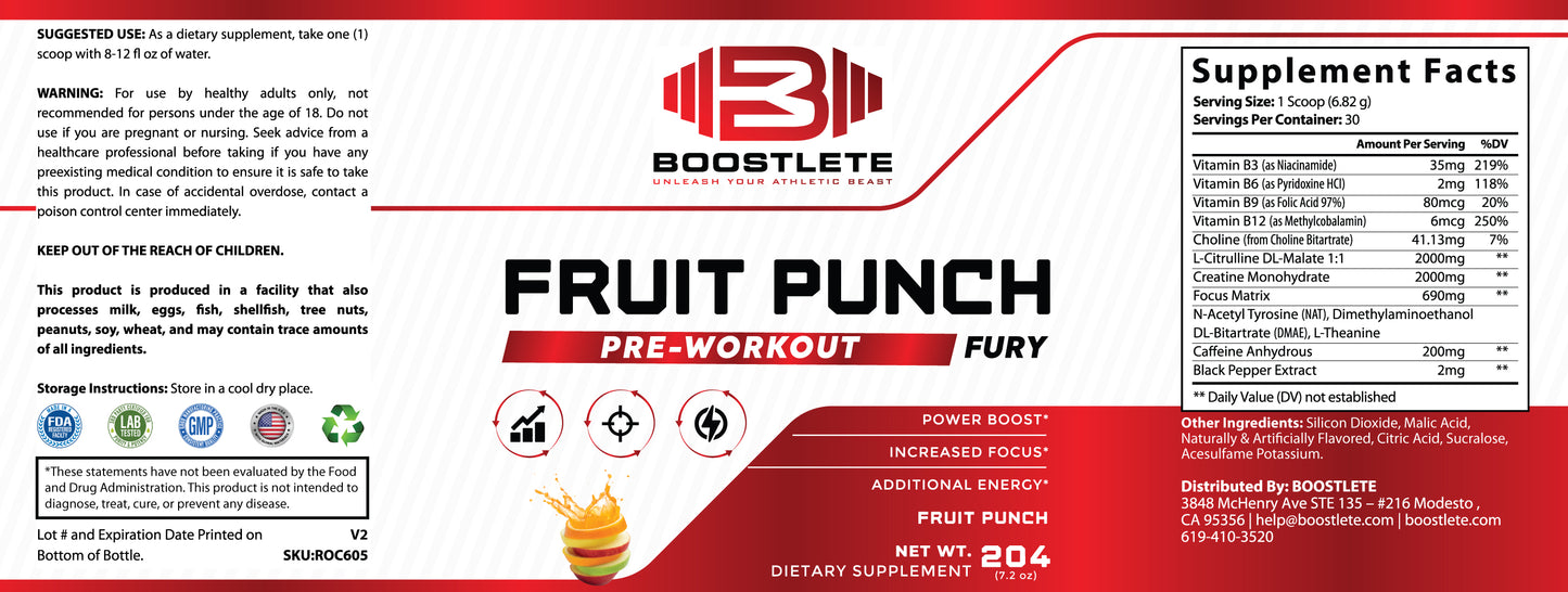 Boostlete Pre-Workout Fury – Fruit Punch Flavor | Energy, Focus, and Performance Support | 30 Servings