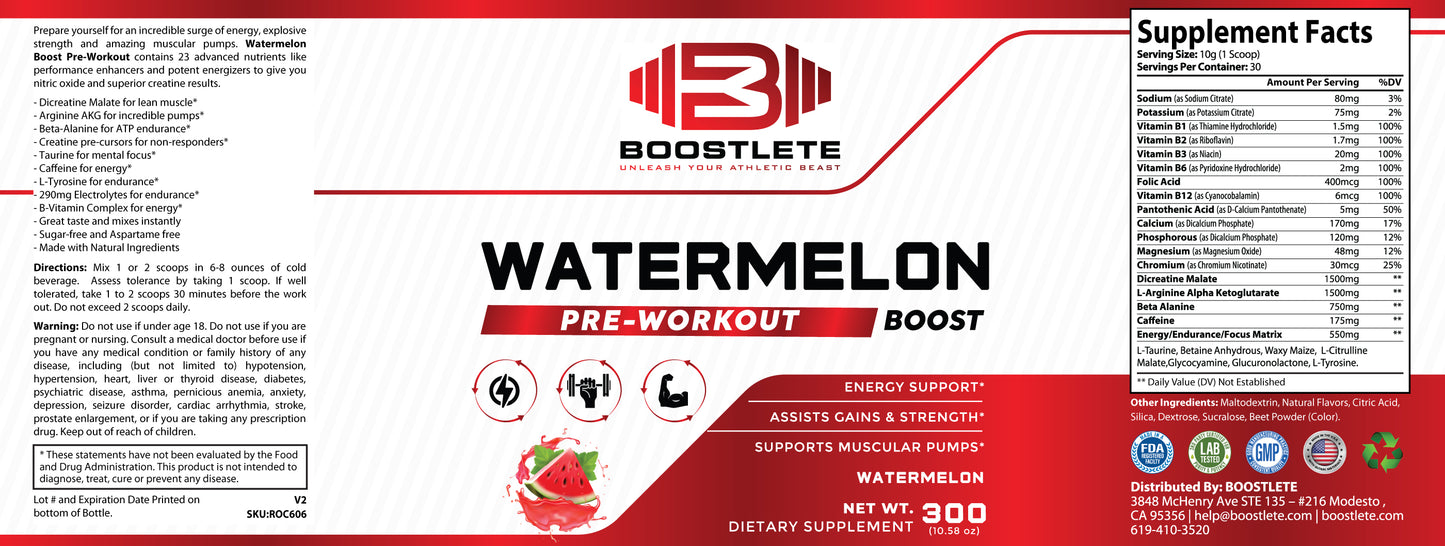 Boostlete Watermelon Pre-Workout Supplement – Energy, Strength, and Muscle Pump Support – 300g (10.58 oz) Powder – 30 Servings