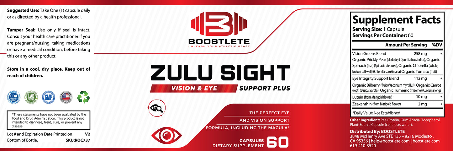 Boostlete Zulu Sight – Vision & Eye Support Supplement with Lutein, Zeaxanthin, Bilberry & Greens Blend – 60 Capsules