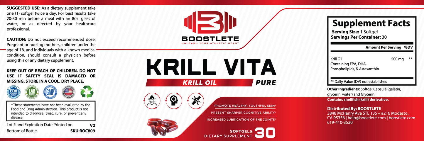 Boostlete Krill Vita – Pure Krill Oil 500mg Softgels – Omega-3s EPA & DHA, Astaxanthin, Brain & Joint Support – 30 Capsules