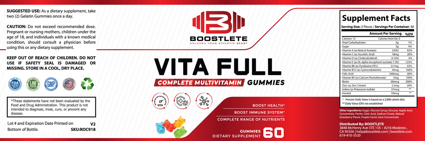 Boostlete Vita Full – Complete Multivitamin Gummies for Adults | Immune, Energy & Nutrient Support | Strawberry Flavored | 60 Gummies