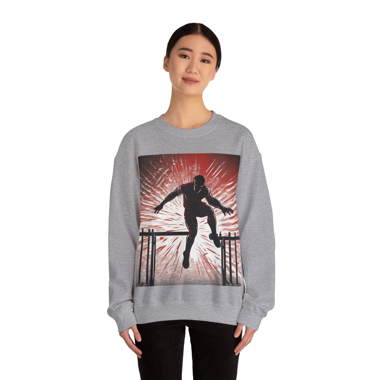 boostlete-recovery-progress-scene-hurdler-halftone-engraved-0212 — Unisex Heavy Blend Crewneck Sweatshirt (Gildan)