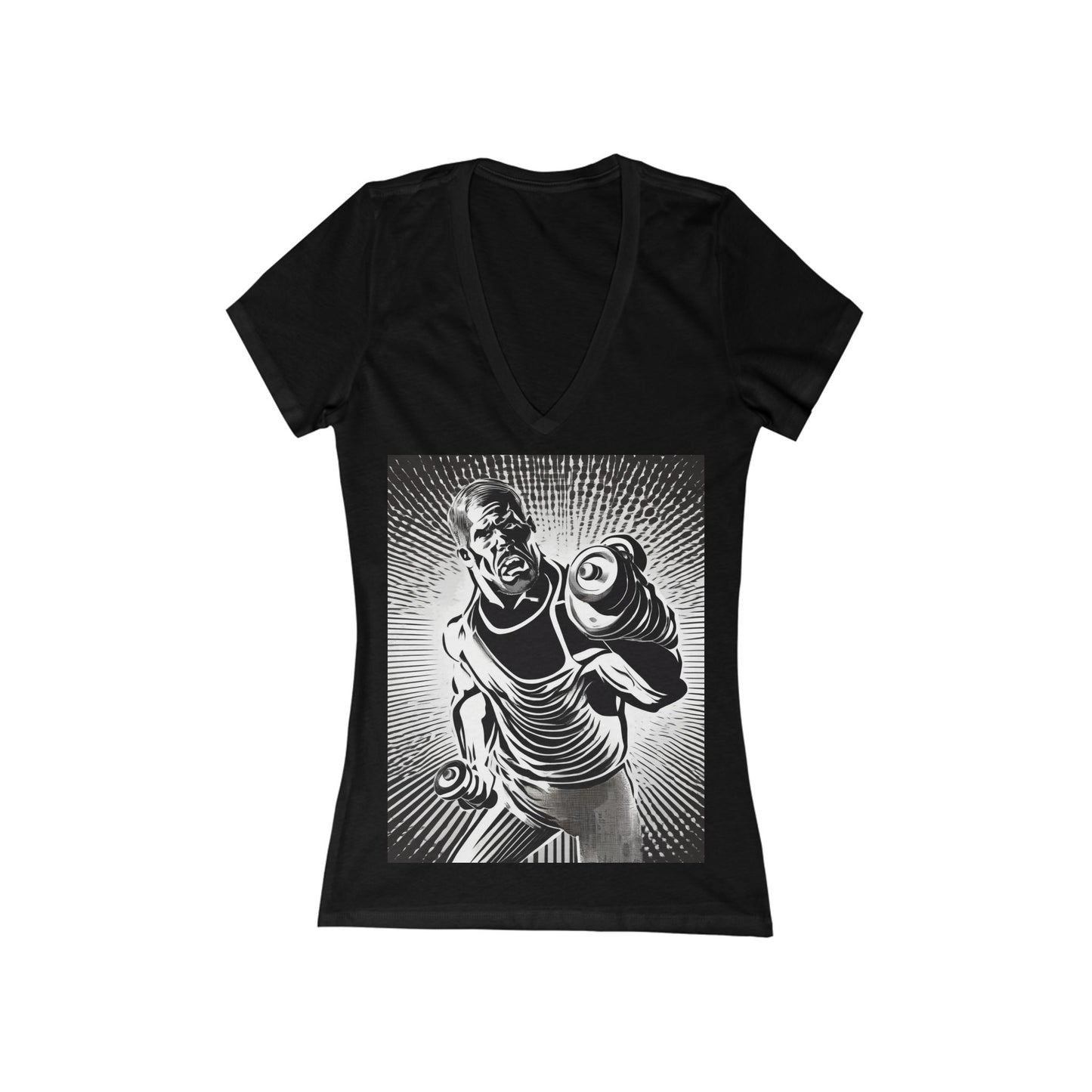 boostlete-pr-season-scene-lunge-halftone-engraved-0096 — Women's Deep V-Neck Tee (B+C 6035)