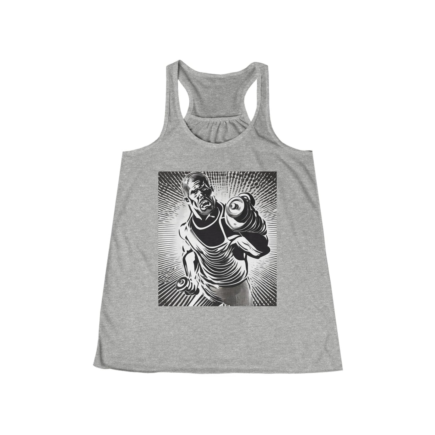 boostlete-pr-season-scene-lunge-halftone-engraved-0096 — Women's Flowy Racerback Tank (B+C 8800)