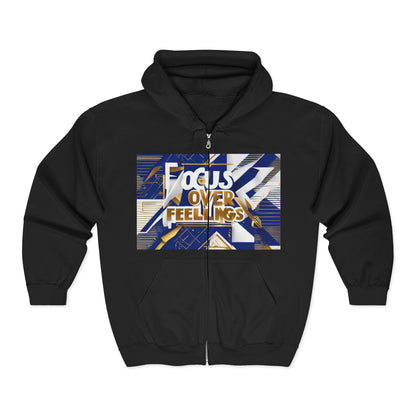 boostlete-am-crew-type-focus-over-feelings-banner-geometric-0169 — Unisex Heavy Blend Full-Zip Hooded Sweatshirt