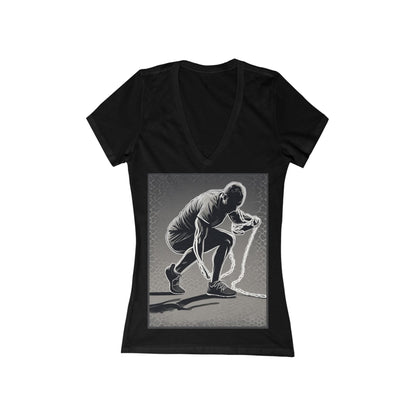 boostlete-recovery-progress-scene-runner-halftone-engraved-0068 — Women's Deep V-Neck Tee (B+C 6035)