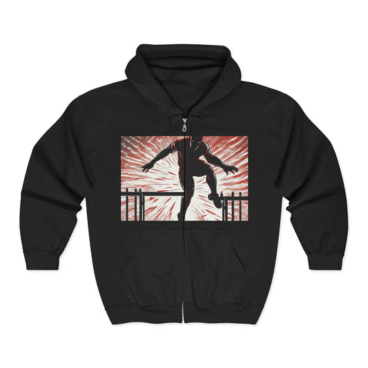 boostlete-recovery-progress-scene-hurdler-halftone-engraved-0212 — Unisex Heavy Blend Full-Zip Hooded Sweatshirt