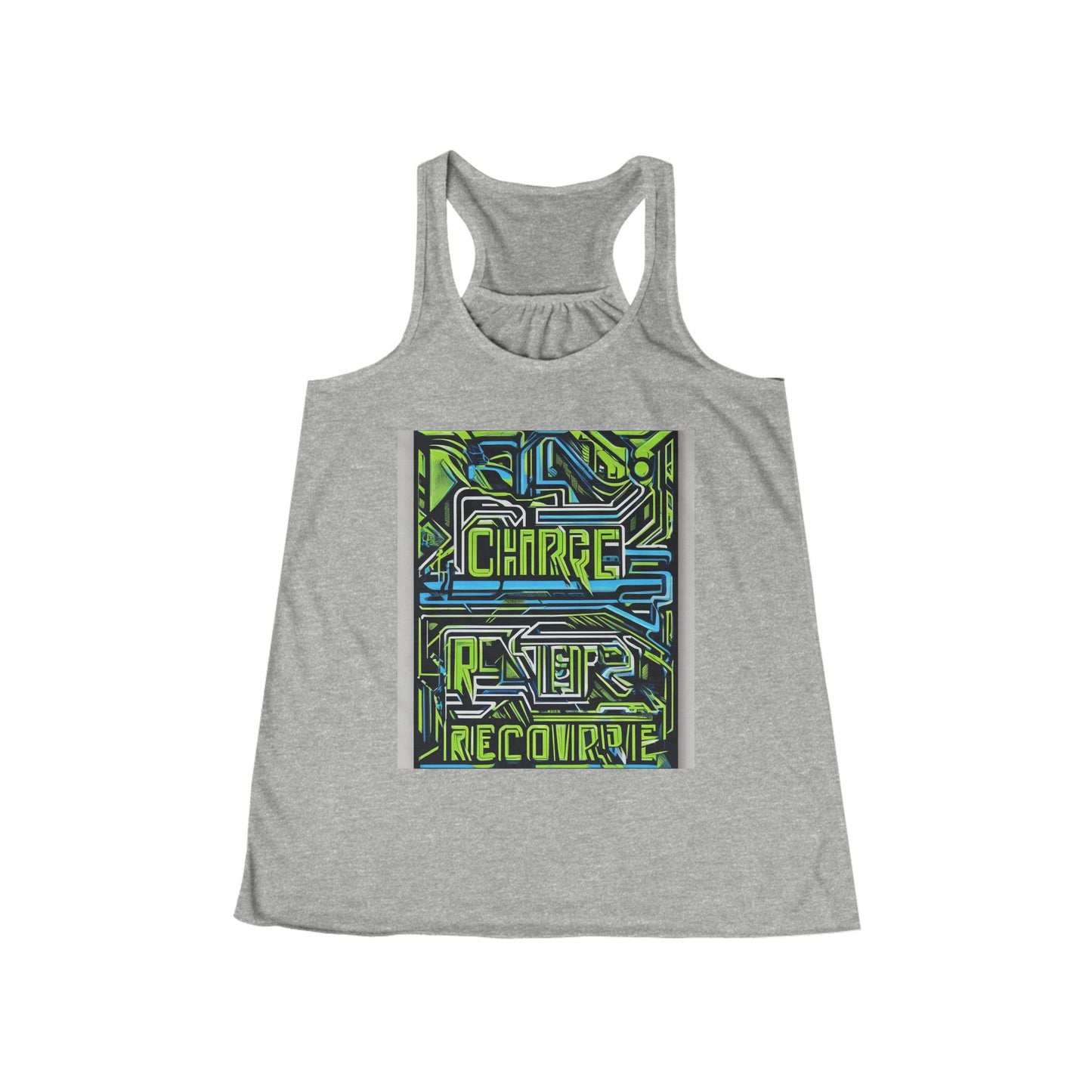 boostlete-pr-season-type-charge-train-recover-outline-over-solid-geometric-0129 — Women's Flowy Racerback Tank (B+C 8800)
