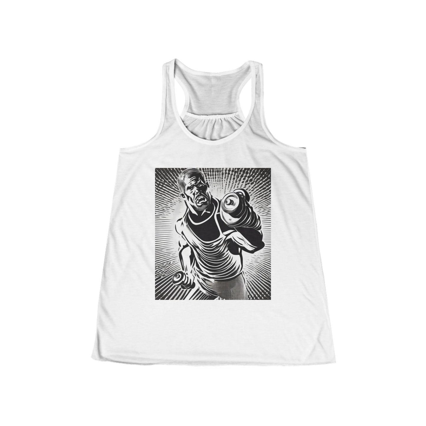boostlete-pr-season-scene-lunge-halftone-engraved-0096 — Women's Flowy Racerback Tank (B+C 8800)