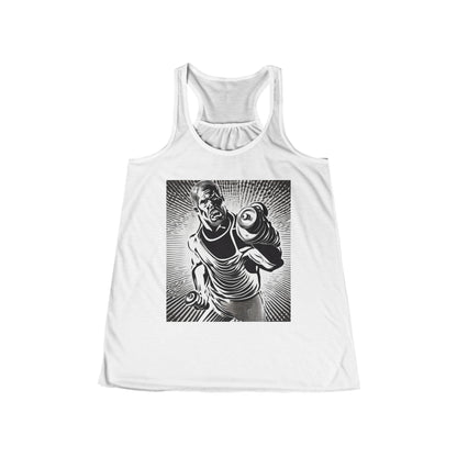 boostlete-pr-season-scene-lunge-halftone-engraved-0096 — Women's Flowy Racerback Tank (B+C 8800)