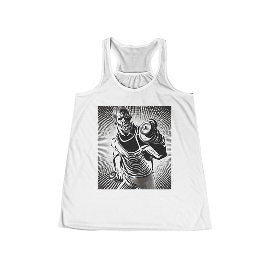 boostlete-pr-season-scene-lunge-halftone-engraved-0096 — Women's Flowy Racerback Tank (B+C 8800)