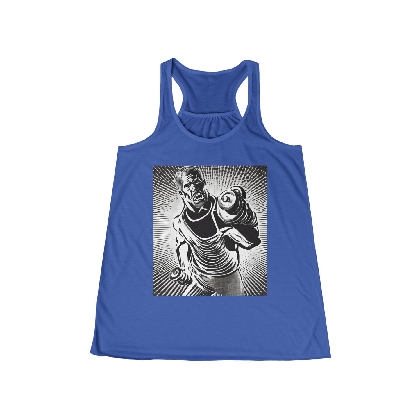 boostlete-pr-season-scene-lunge-halftone-engraved-0096 — Women's Flowy Racerback Tank (B+C 8800)