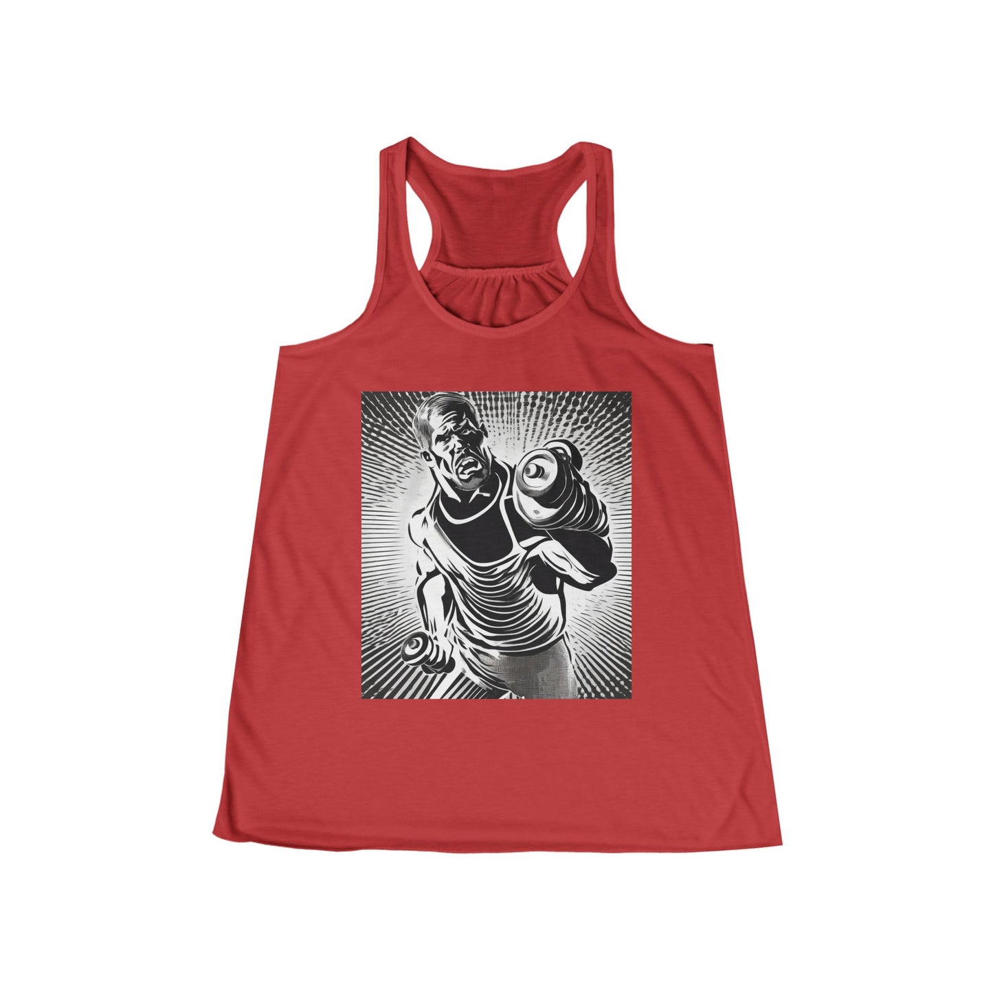 boostlete-pr-season-scene-lunge-halftone-engraved-0096 — Women's Flowy Racerback Tank (B+C 8800)