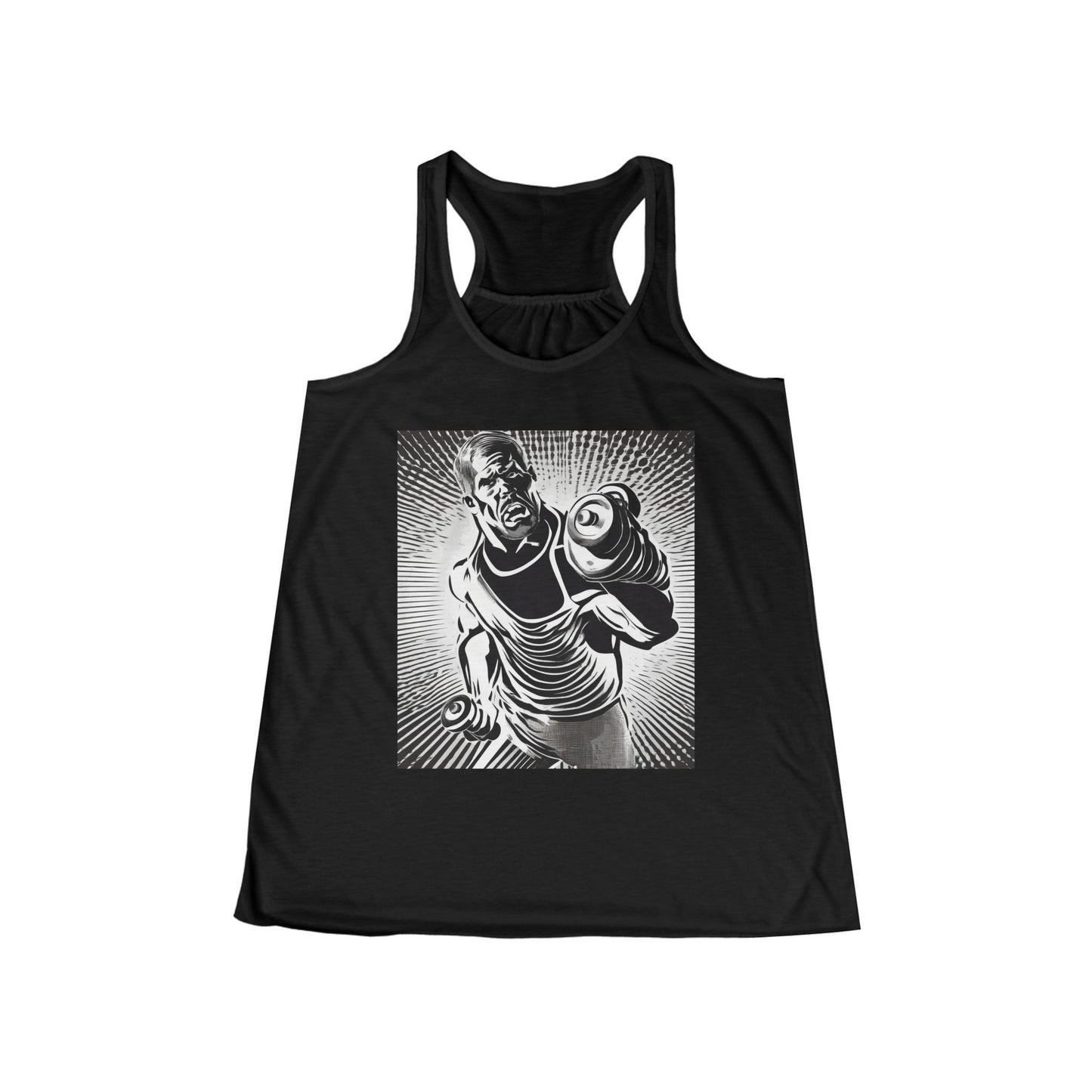 boostlete-pr-season-scene-lunge-halftone-engraved-0096 — Women's Flowy Racerback Tank (B+C 8800)