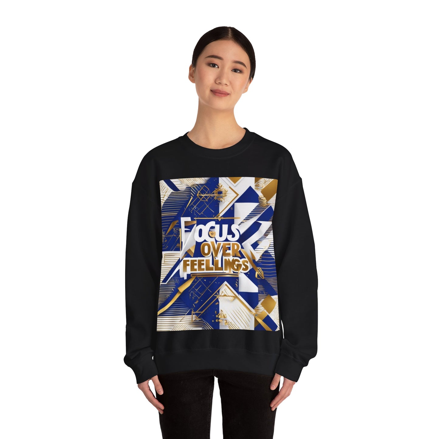 boostlete-am-crew-type-focus-over-feelings-banner-geometric-0169 — Unisex Heavy Blend Crewneck Sweatshirt (Gildan)