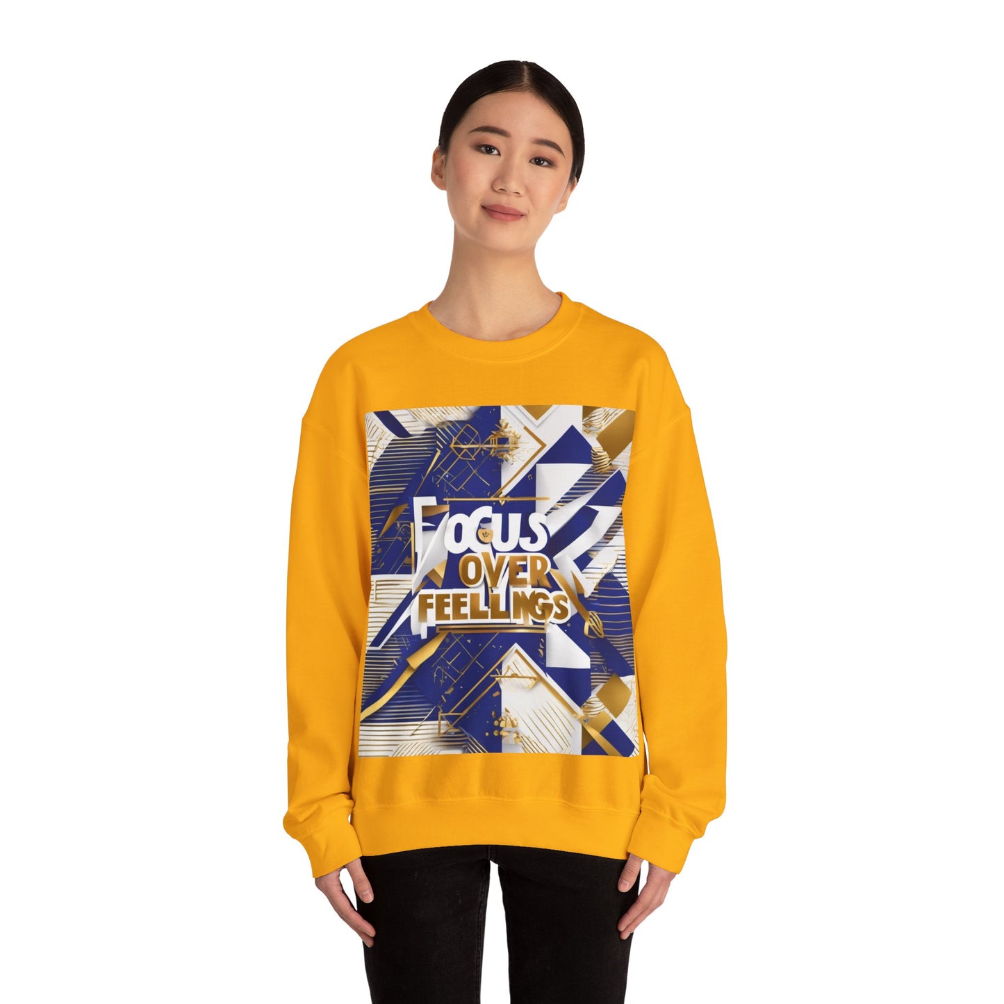 boostlete-am-crew-type-focus-over-feelings-banner-geometric-0169 — Unisex Heavy Blend Crewneck Sweatshirt (Gildan)