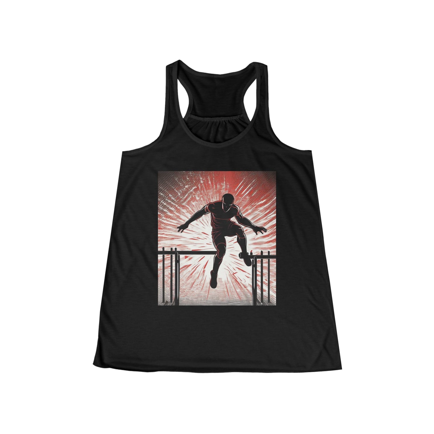 boostlete-recovery-progress-scene-hurdler-halftone-engraved-0212 — Women's Flowy Racerback Tank (B+C 8800)