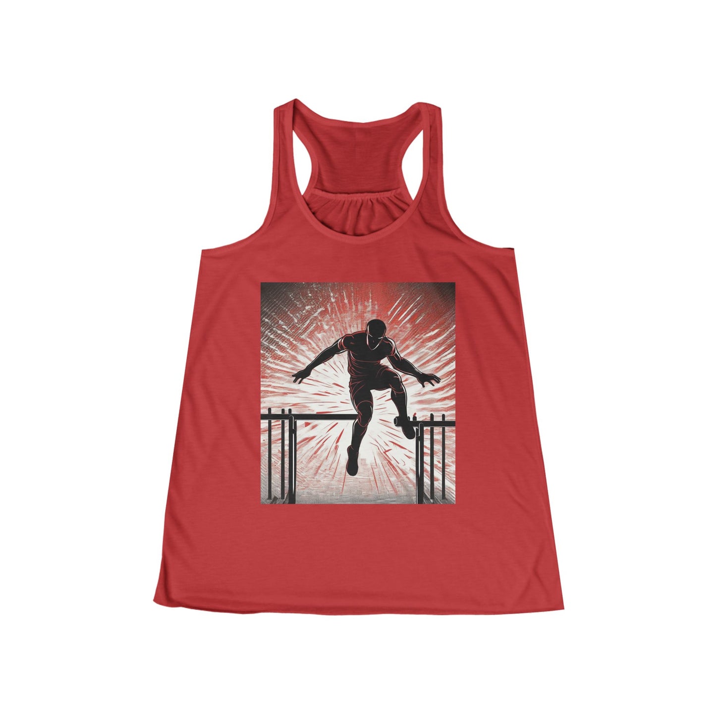 boostlete-recovery-progress-scene-hurdler-halftone-engraved-0212 — Women's Flowy Racerback Tank (B+C 8800)