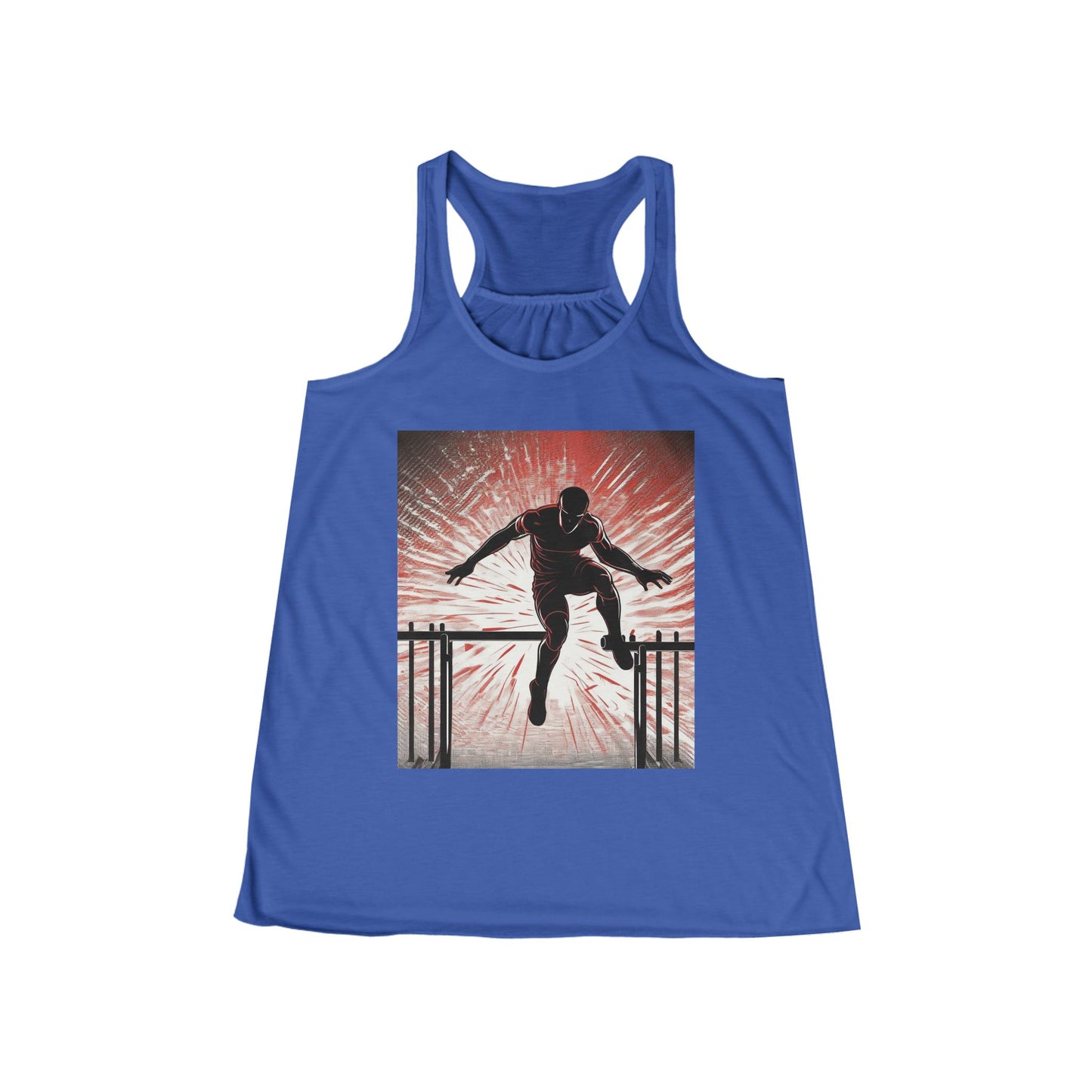 boostlete-recovery-progress-scene-hurdler-halftone-engraved-0212 — Women's Flowy Racerback Tank (B+C 8800)