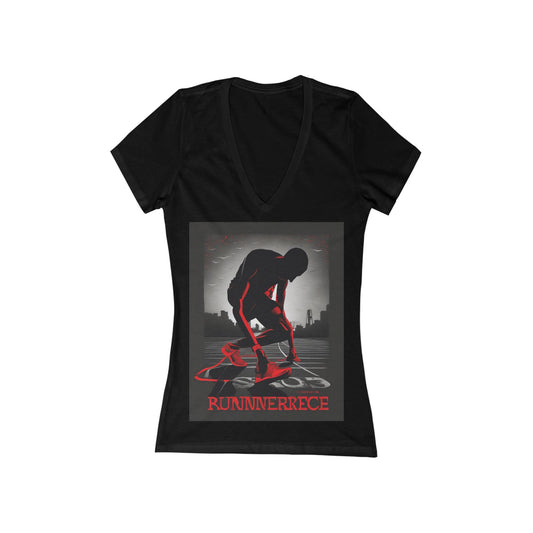 boostlete-mile-by-mile-scene-runner-grainy-bold-0168 — Women's Deep V-Neck Tee (B+C 6035)