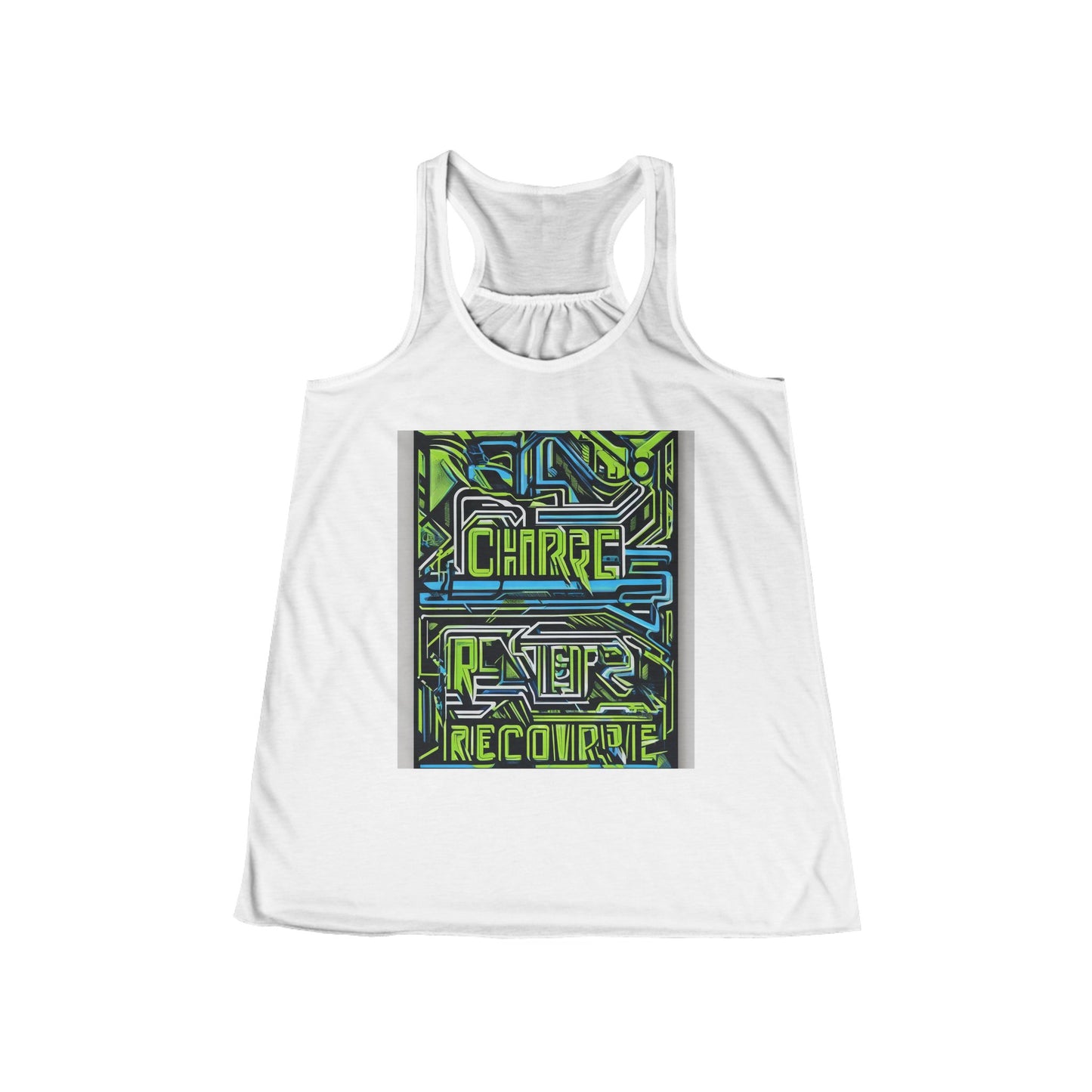 boostlete-pr-season-type-charge-train-recover-outline-over-solid-geometric-0129 — Women's Flowy Racerback Tank (B+C 8800)