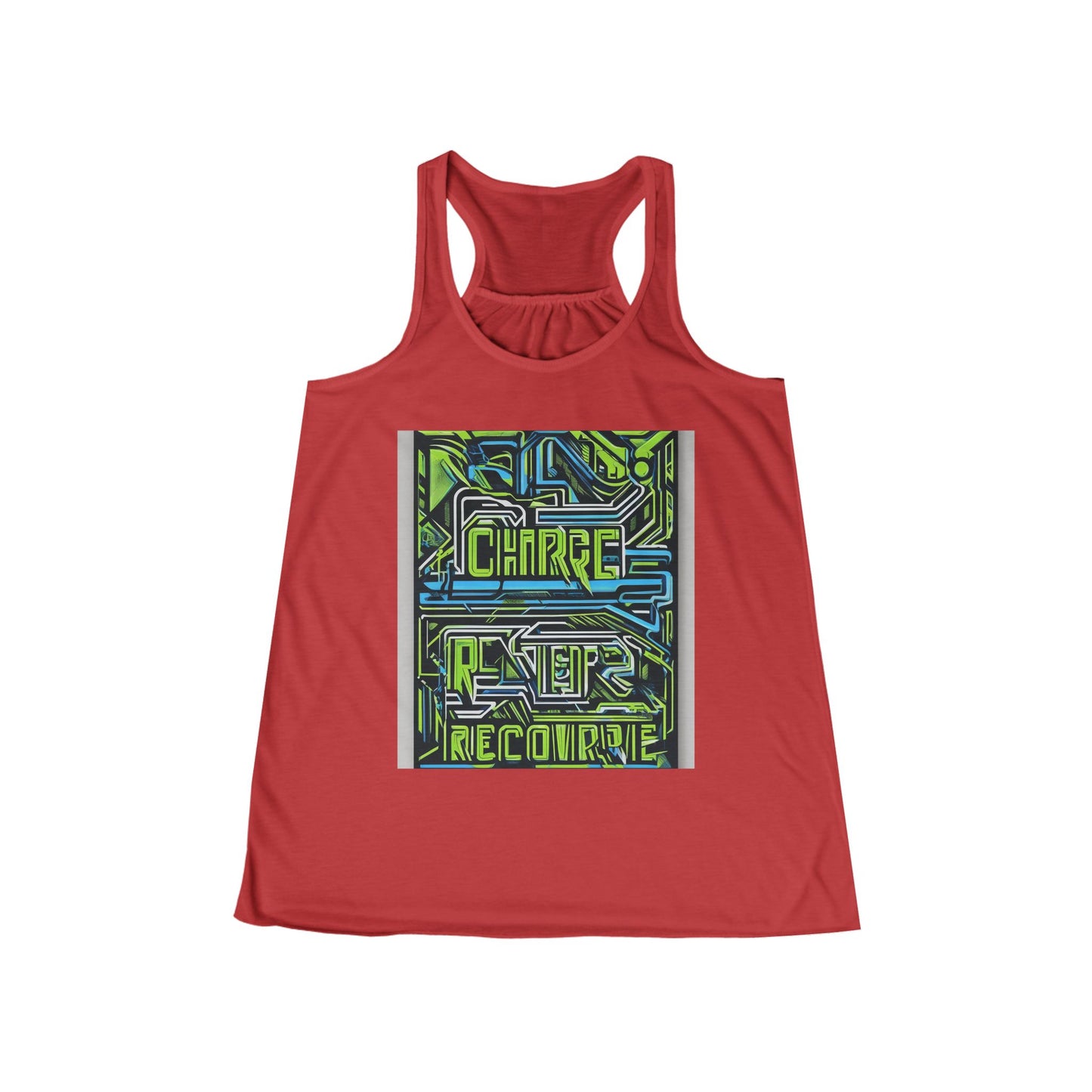 boostlete-pr-season-type-charge-train-recover-outline-over-solid-geometric-0129 — Women's Flowy Racerback Tank (B+C 8800)