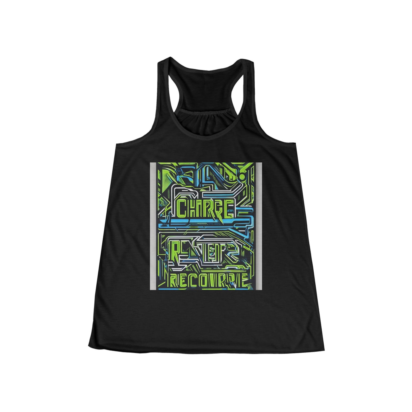 boostlete-pr-season-type-charge-train-recover-outline-over-solid-geometric-0129 — Women's Flowy Racerback Tank (B+C 8800)