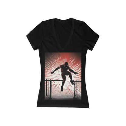 boostlete-recovery-progress-scene-hurdler-halftone-engraved-0212 — Women's Deep V-Neck Tee (B+C 6035)