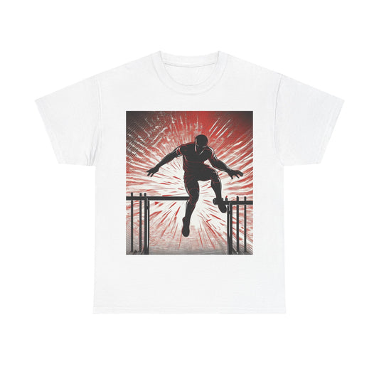 boostlete-recovery-progress-scene-hurdler-halftone-engraved-0212 — Unisex Heavy Cotton Tee (Gildan 5000)