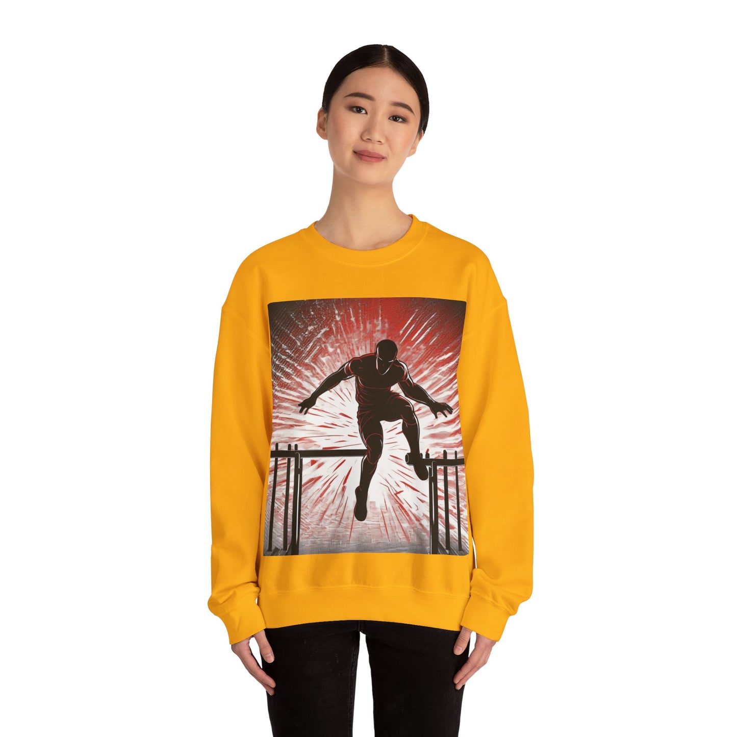 boostlete-recovery-progress-scene-hurdler-halftone-engraved-0212 — Unisex Heavy Blend Crewneck Sweatshirt (Gildan)